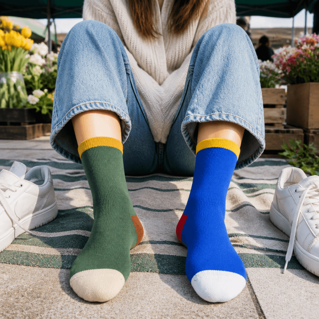 Eli at a weekend market wearing mismatched forest and primary-block UNMATCHED socks