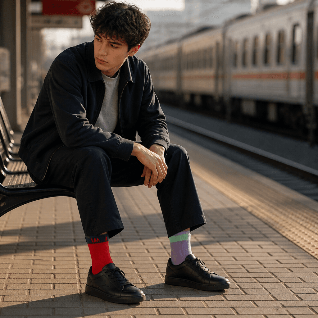 Jonah on a train platform wearing mismatched red and lavender UNMATCHED socks