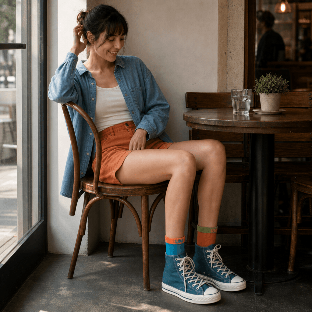 Maya on a coffee run wearing mismatched coastal-breeze and desert-clay UNMATCHED socks
