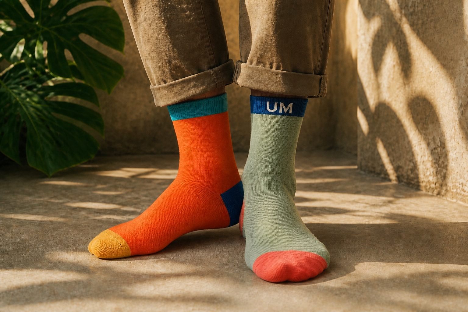 Placeholder hero — mismatched socks standing on warm concrete