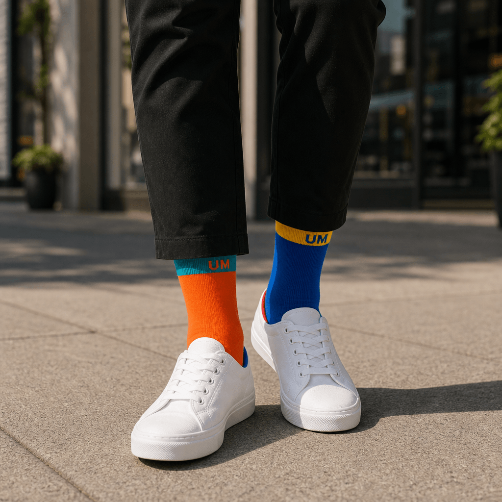 Someone walking unmatched in Original and Primary Block UNMATCHED socks